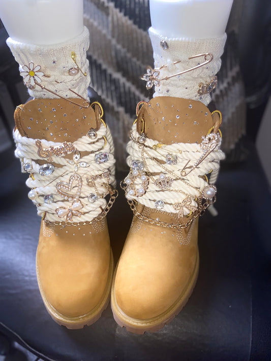 Custom Rhinestone Timberland Boots + Junk Socks Combo β Handcrafted Bling Street Style